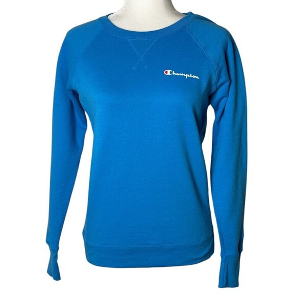Champion Blue Screenprint Logo Fleece Lined Pull Over Sweatshirt Women's Sz XS - Picture 1 of 8